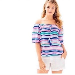 Lilly Pulitzer Sain Off The Shoulder Sandy Shell Stripe Multicolor Tassel Top M